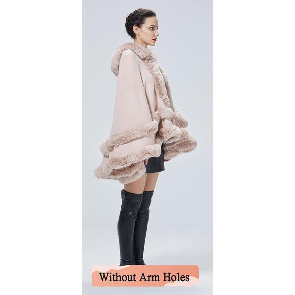 Women Hooded Poncho Cape Faux Fur Shawl Wrap with Fur Trim Sleeveless Cardigan - Picture 4 of 7